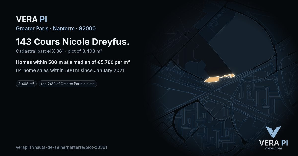143 Cours Nicole Dreyfus, Nanterre at night – the plot lit, the parcels around coloured by the prices near them