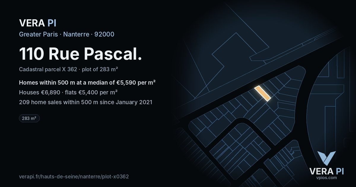 110 Rue Pascal, Nanterre at night – the plot lit, the parcels around coloured by the prices near them