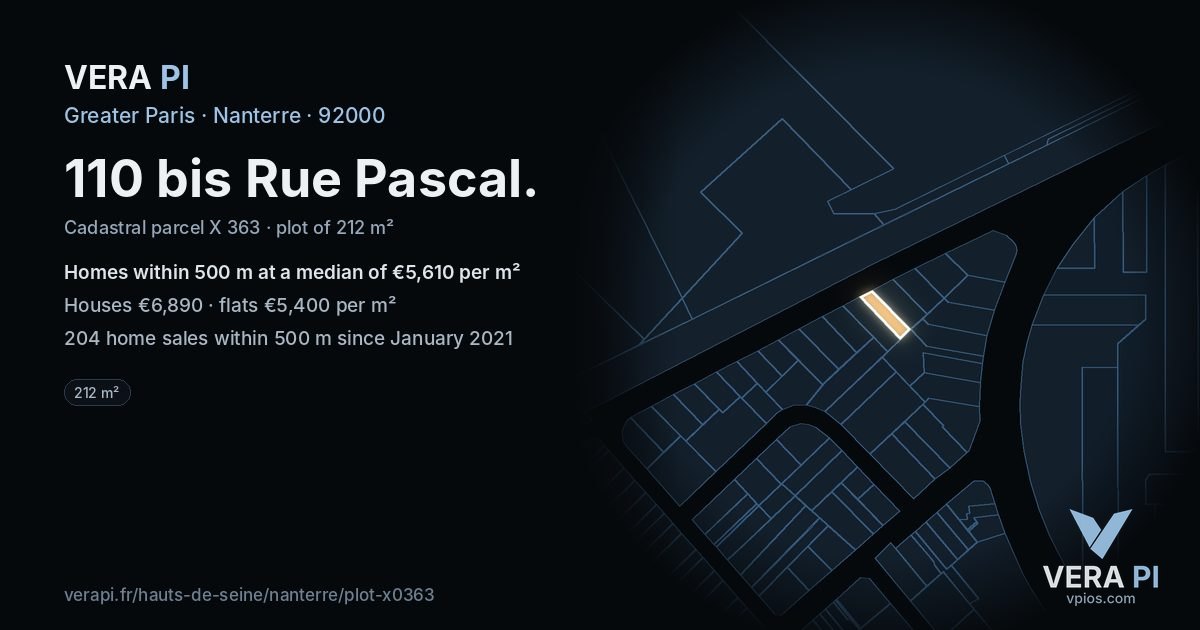 110 bis Rue Pascal, Nanterre at night – the plot lit, the parcels around coloured by the prices near them