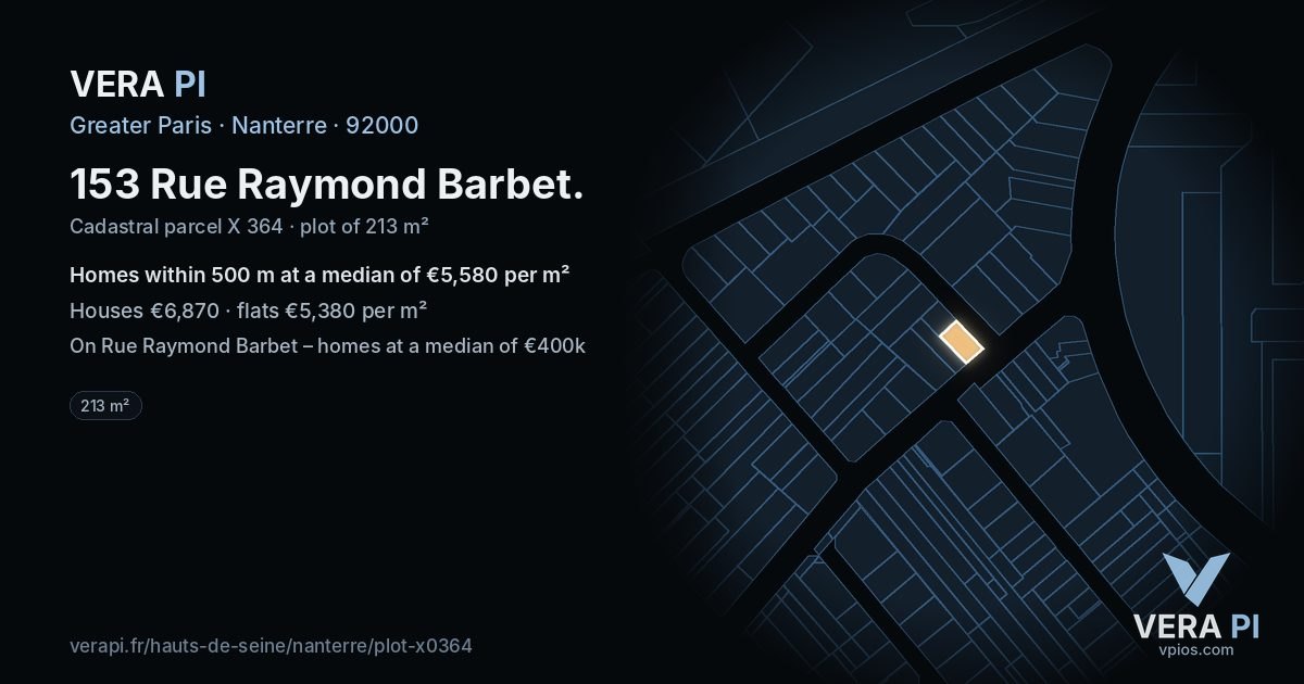 153 Rue Raymond Barbet, Nanterre at night – the plot lit, the parcels around coloured by the prices near them