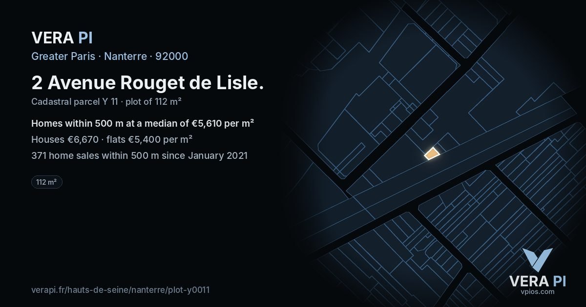 2 Avenue Rouget de Lisle, Nanterre at night – the plot lit, the parcels around coloured by the prices near them