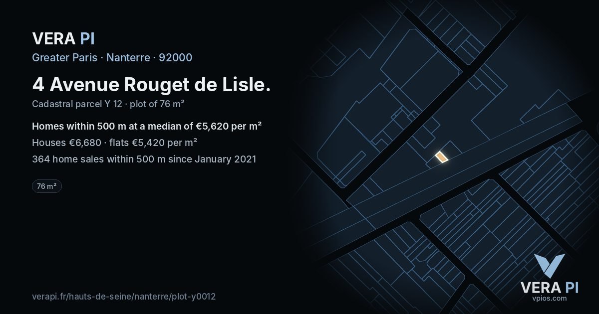 4 Avenue Rouget de Lisle, Nanterre at night – the plot lit, the parcels around coloured by the prices near them