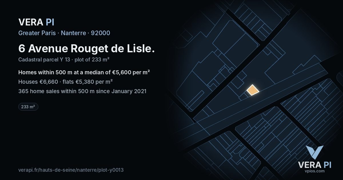 6 Avenue Rouget de Lisle, Nanterre at night – the plot lit, the parcels around coloured by the prices near them