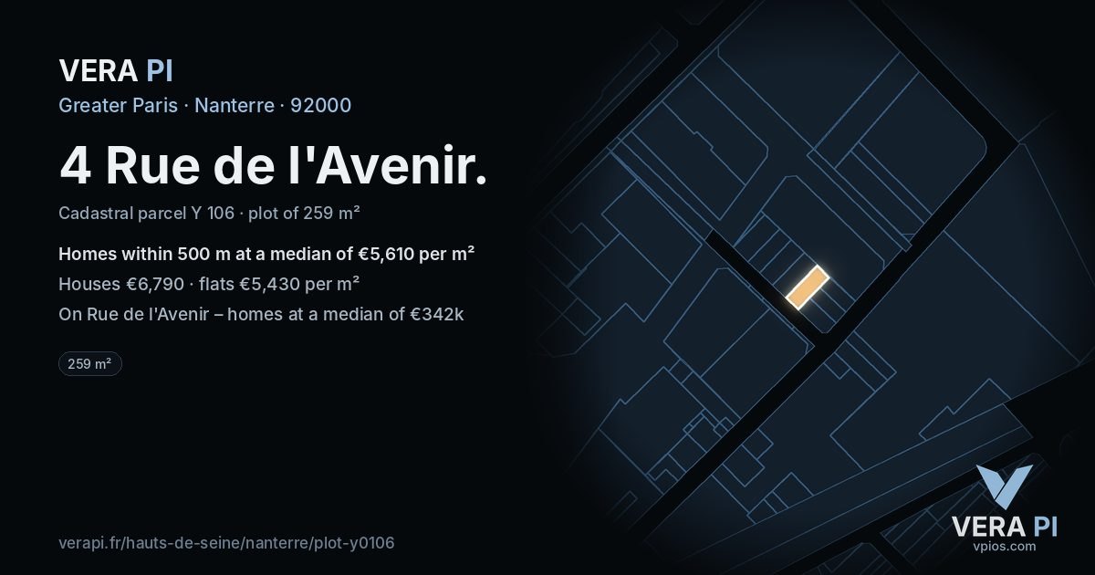 4 Rue de l'Avenir, Nanterre at night – the plot lit, the parcels around coloured by the prices near them