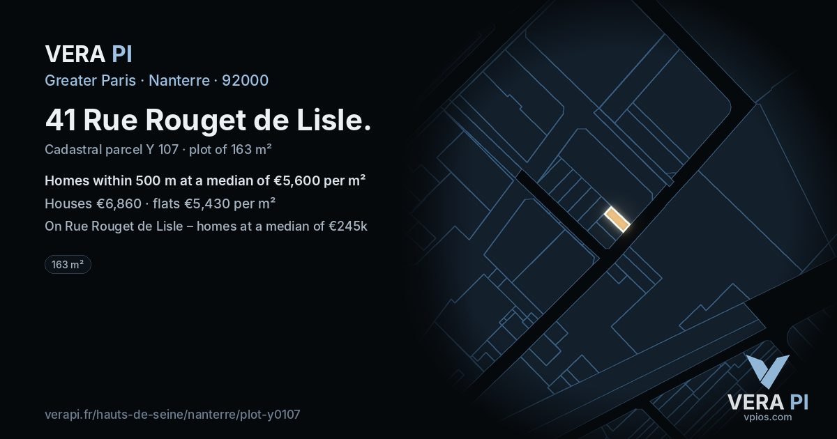 41 Rue Rouget de Lisle, Nanterre at night – the plot lit, the parcels around coloured by the prices near them