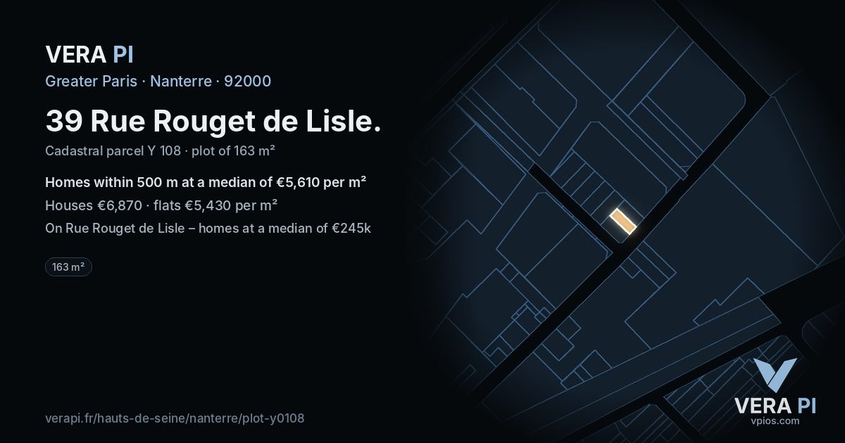 39 Rue Rouget de Lisle, Nanterre at night – the plot lit, the parcels around coloured by the prices near them
