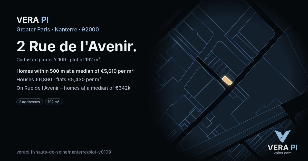 2 Rue de l'Avenir, Nanterre at night – the plot lit, the parcels around coloured by the prices near them