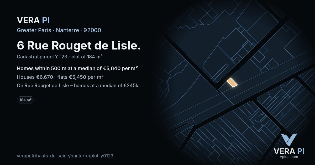 6 Rue Rouget de Lisle, Nanterre at night – the plot lit, the parcels around coloured by the prices near them