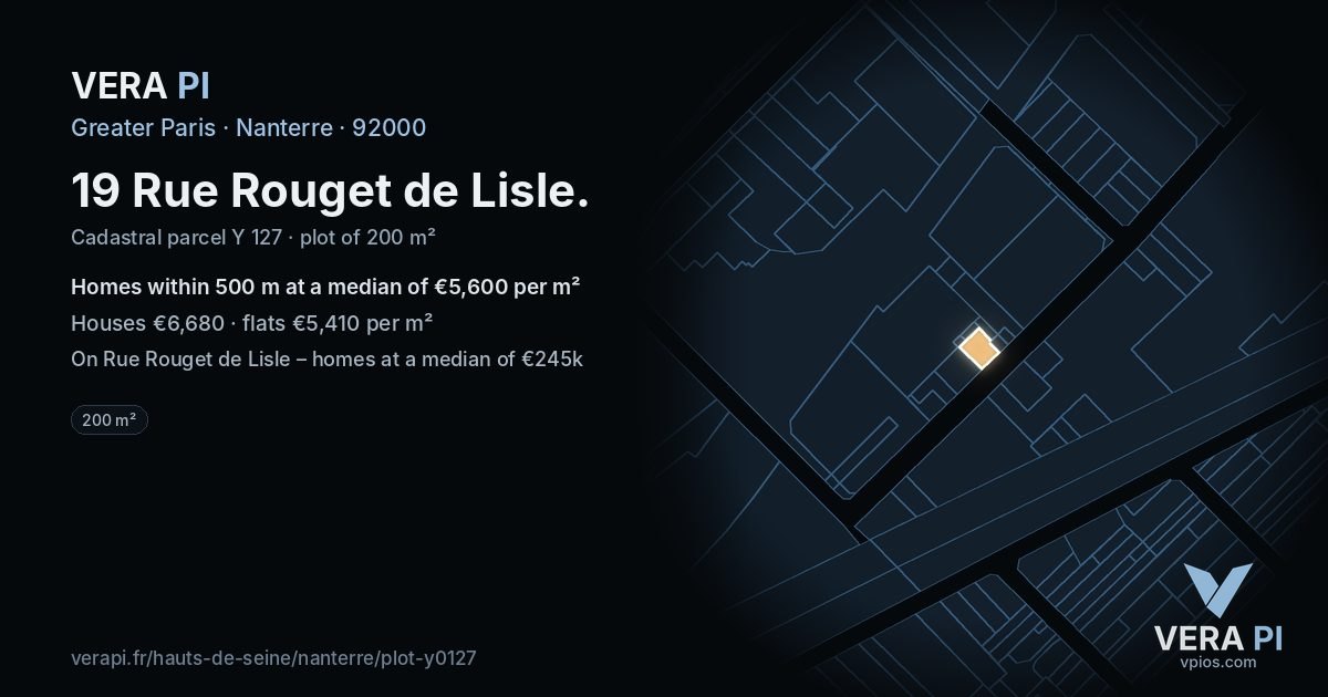 19 Rue Rouget de Lisle, Nanterre at night – the plot lit, the parcels around coloured by the prices near them