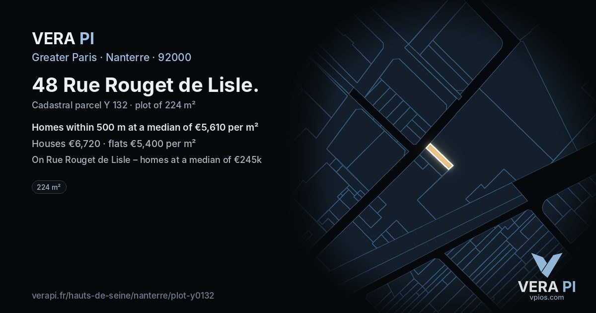 48 Rue Rouget de Lisle, Nanterre at night – the plot lit, the parcels around coloured by the prices near them