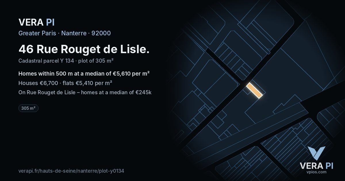 46 Rue Rouget de Lisle, Nanterre at night – the plot lit, the parcels around coloured by the prices near them