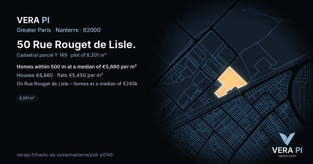 50 Rue Rouget de Lisle, Nanterre at night – the plot lit, the parcels around coloured by the prices near them