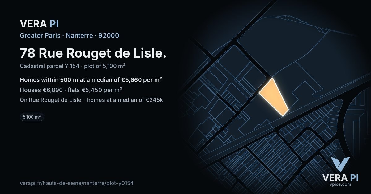 78 Rue Rouget de Lisle, Nanterre at night – the plot lit, the parcels around coloured by the prices near them