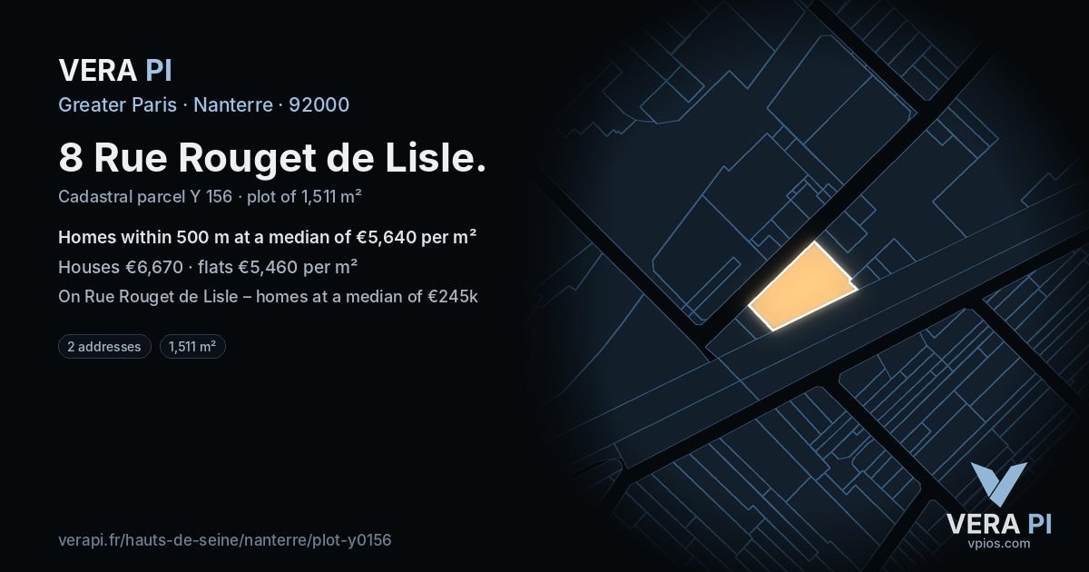 8 Rue Rouget de Lisle, Nanterre at night – the plot lit, the parcels around coloured by the prices near them