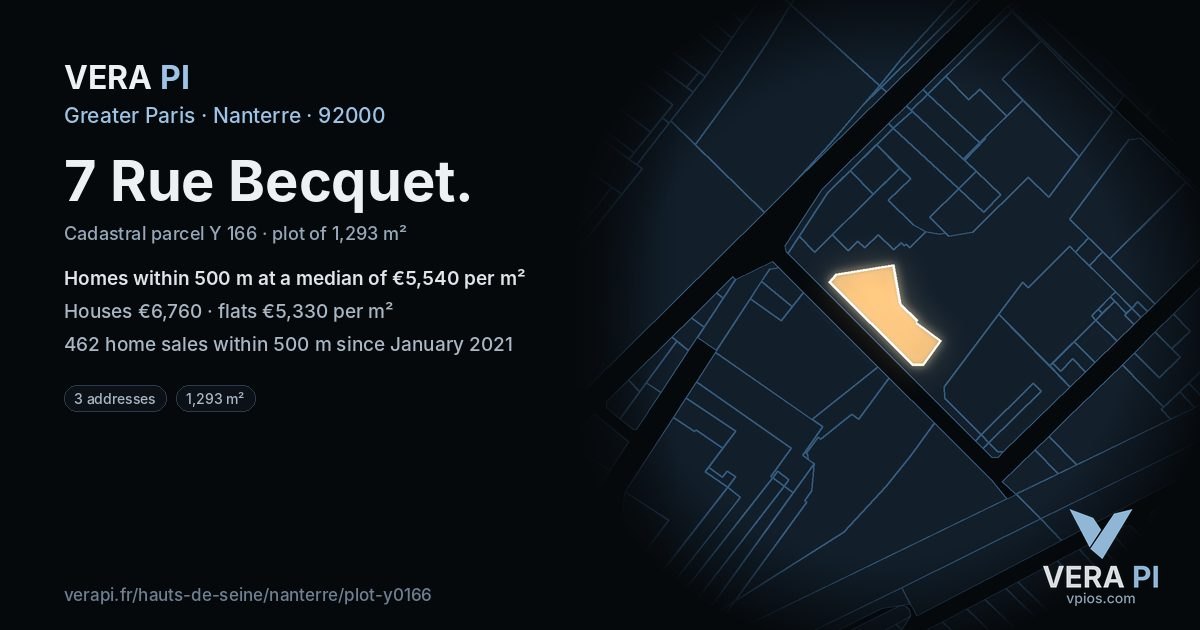 7 Rue Becquet, Nanterre at night – the plot lit, the parcels around coloured by the prices near them