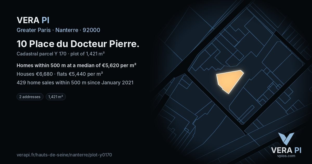 10 Place du Docteur Pierre, Nanterre at night – the plot lit, the parcels around coloured by the prices near them