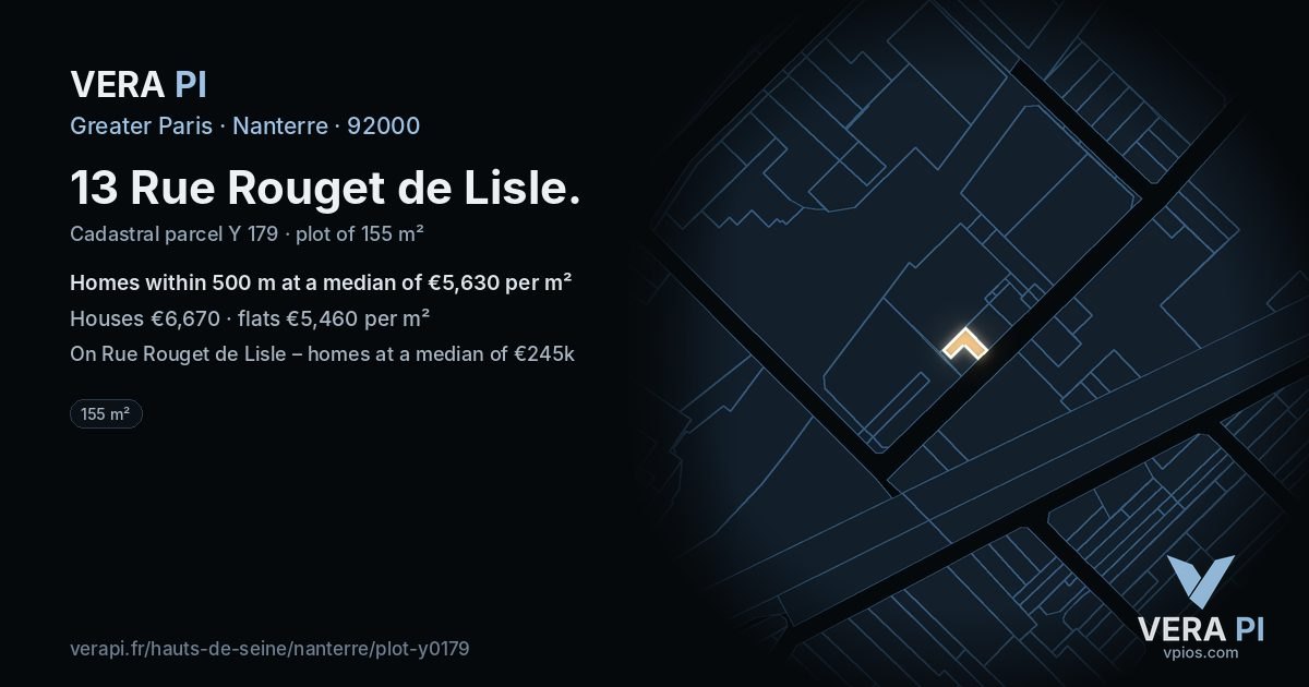 13 Rue Rouget de Lisle, Nanterre at night – the plot lit, the parcels around coloured by the prices near them