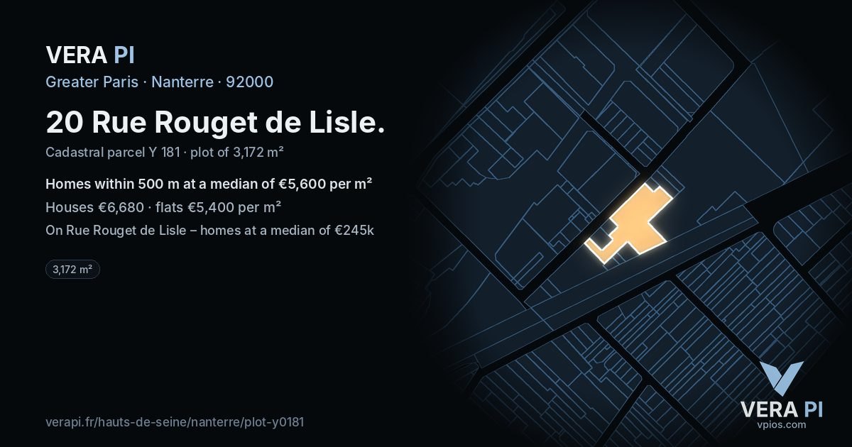 20 Rue Rouget de Lisle, Nanterre at night – the plot lit, the parcels around coloured by the prices near them