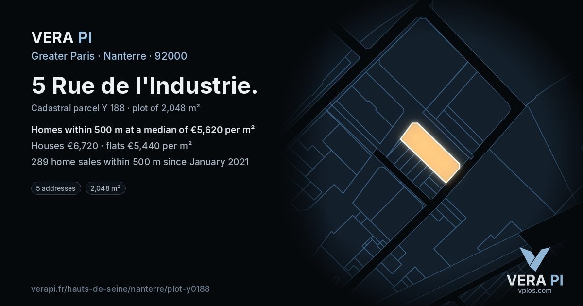 5 Rue de l'Industrie, Nanterre at night – the plot lit, the parcels around coloured by the prices near them