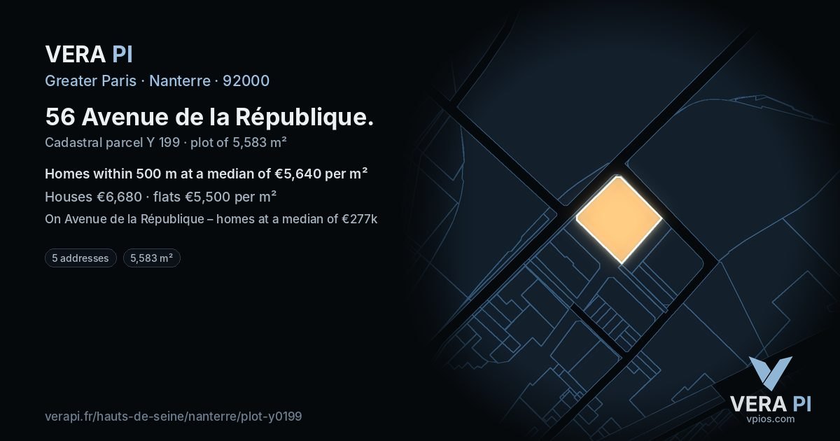 56 Avenue de la République, Nanterre at night – the plot lit, the parcels around coloured by the prices near them