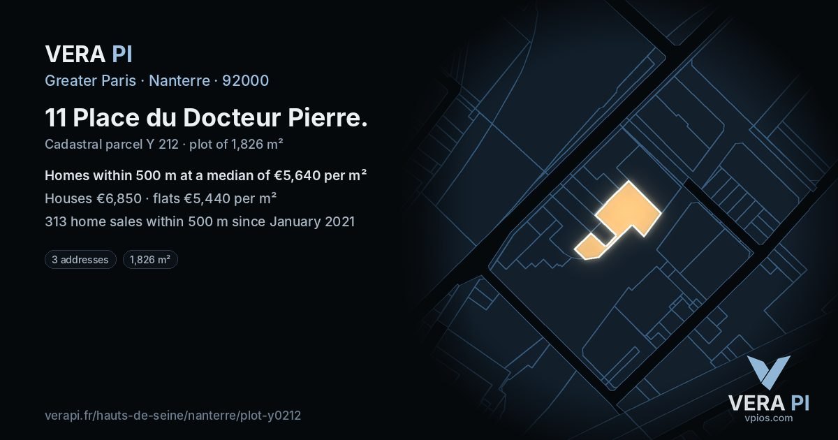 11 Place du Docteur Pierre, Nanterre at night – the plot lit, the parcels around coloured by the prices near them