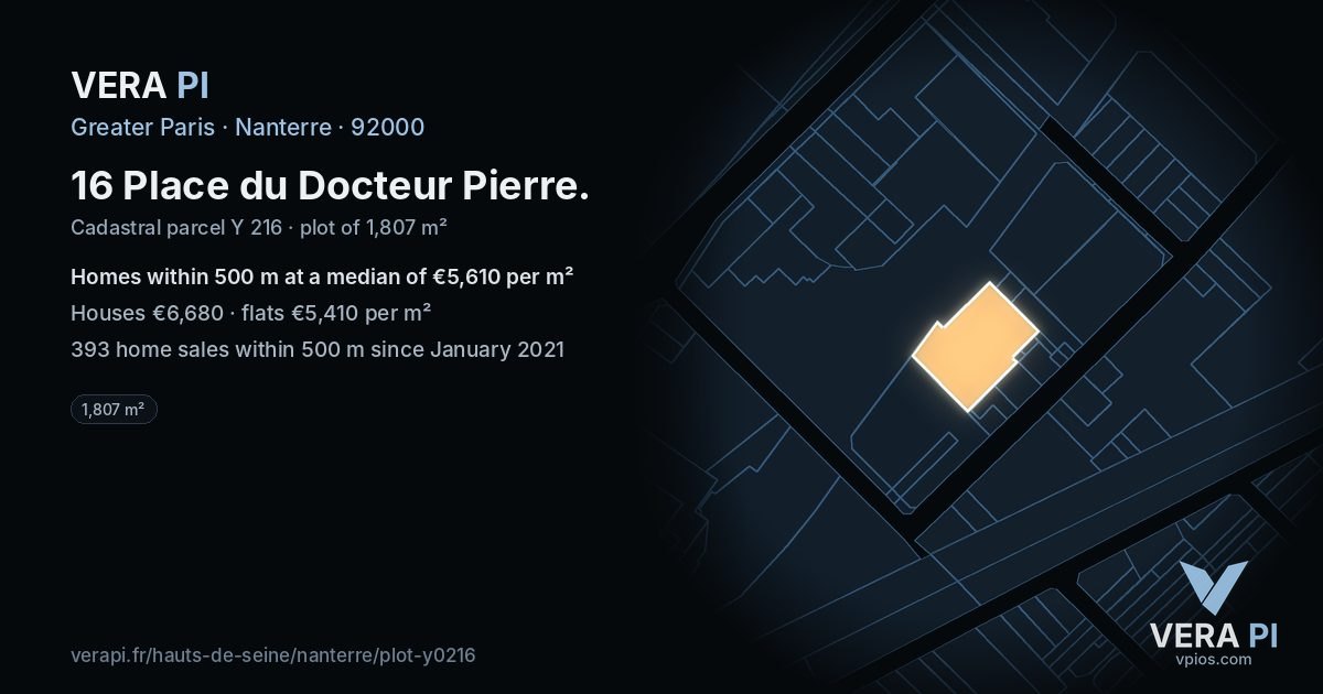 16 Place du Docteur Pierre, Nanterre at night – the plot lit, the parcels around coloured by the prices near them