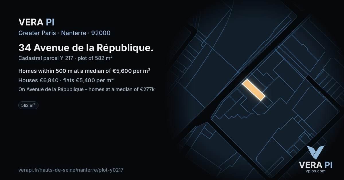 34 Avenue de la République, Nanterre at night – the plot lit, the parcels around coloured by the prices near them