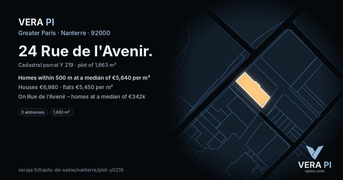 24 Rue de l'Avenir, Nanterre at night – the plot lit, the parcels around coloured by the prices near them