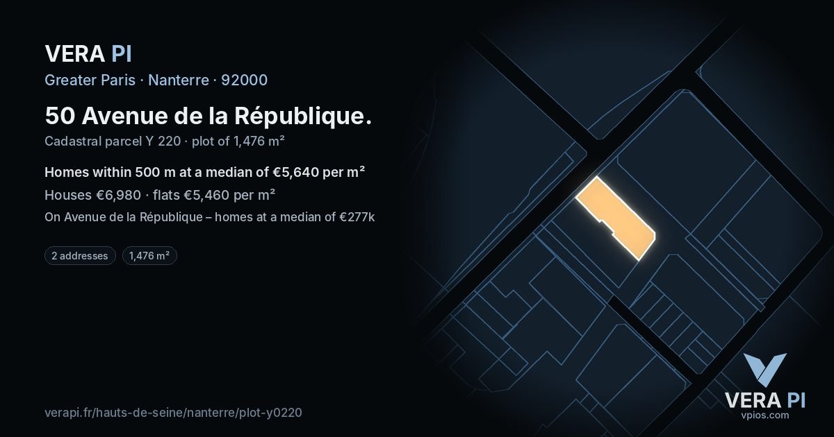 50 Avenue de la République, Nanterre at night – the plot lit, the parcels around coloured by the prices near them