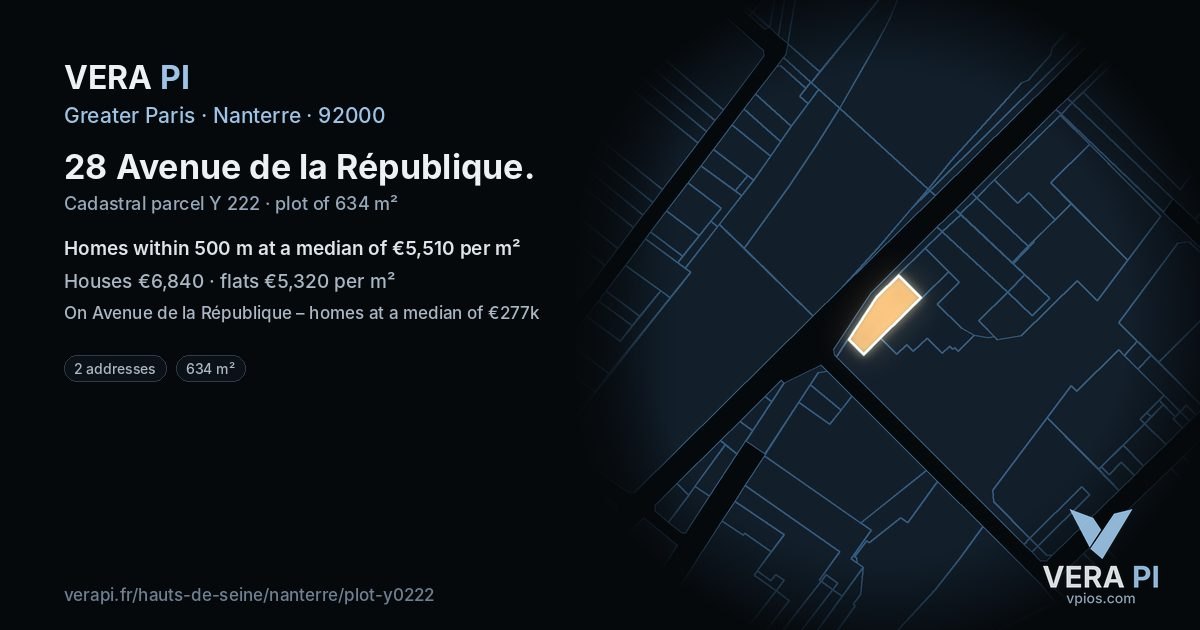 28 Avenue de la République, Nanterre at night – the plot lit, the parcels around coloured by the prices near them