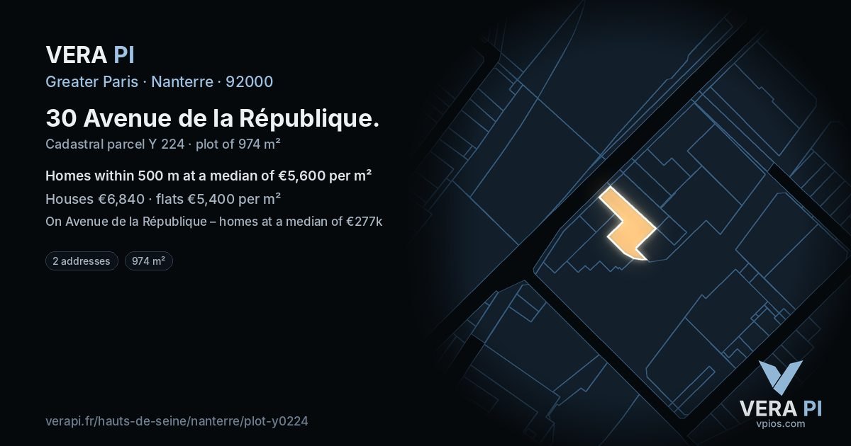 30 Avenue de la République, Nanterre at night – the plot lit, the parcels around coloured by the prices near them