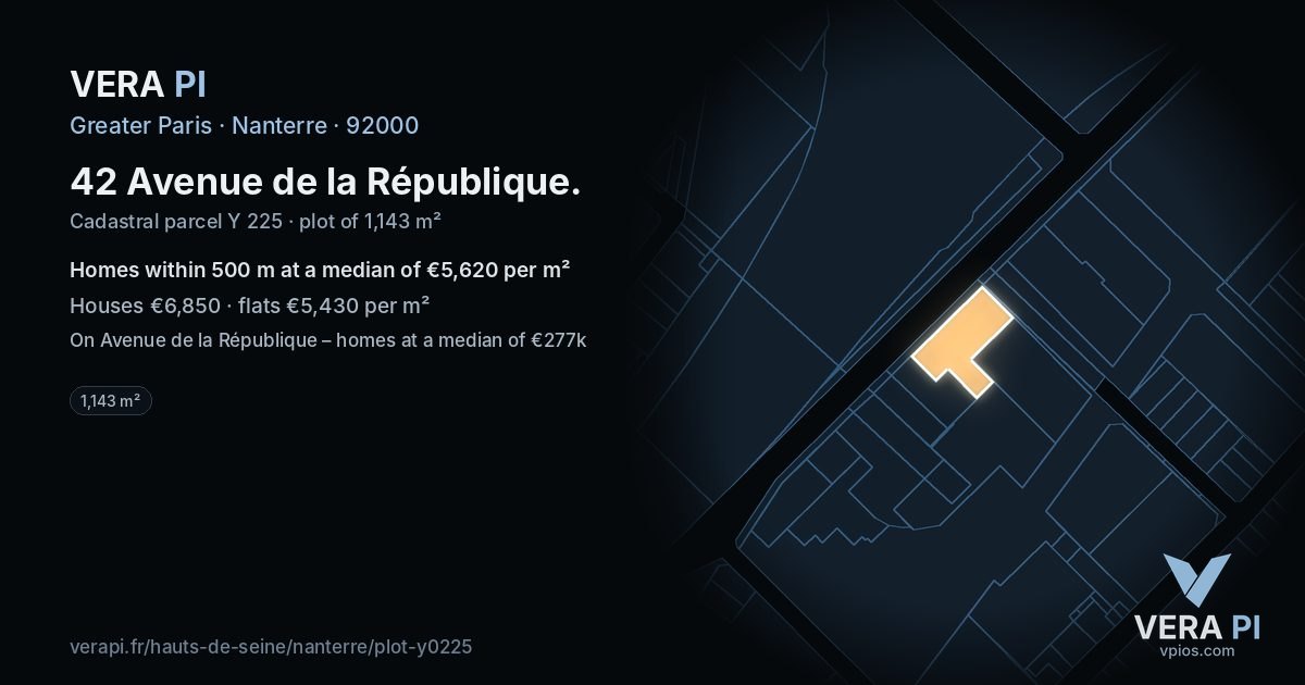 42 Avenue de la République, Nanterre at night – the plot lit, the parcels around coloured by the prices near them