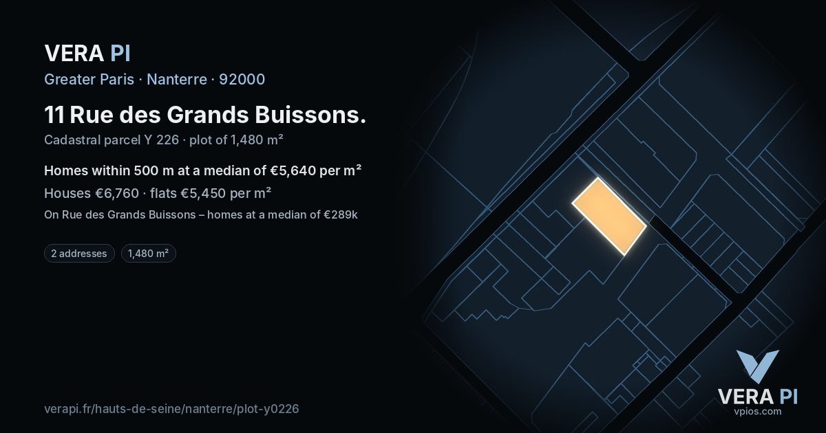 11 Rue des Grands Buissons, Nanterre at night – the plot lit, the parcels around coloured by the prices near them
