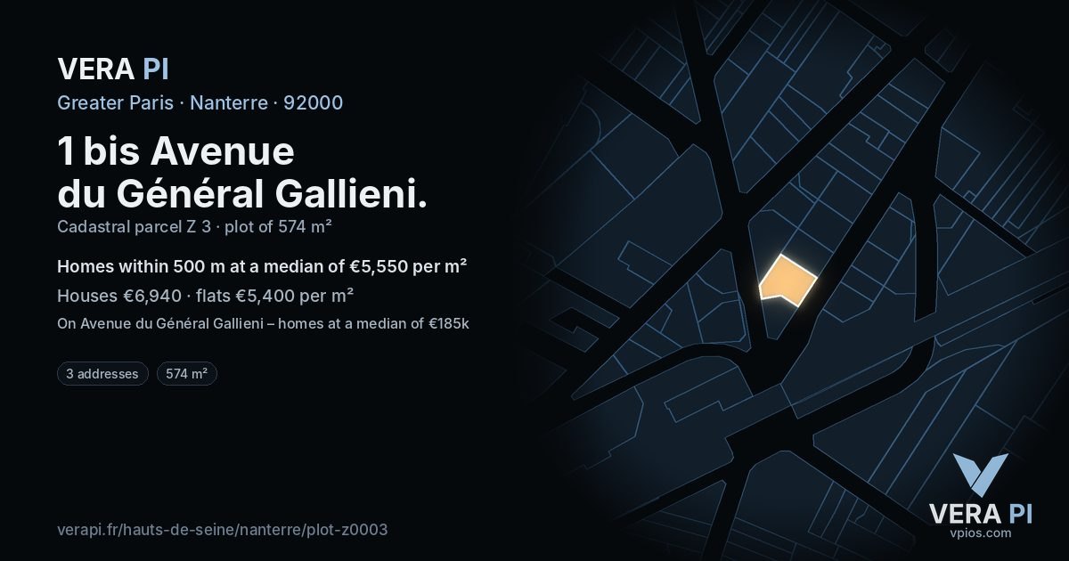 1 bis Avenue du Général Gallieni, Nanterre at night – the plot lit, the parcels around coloured by the prices near them
