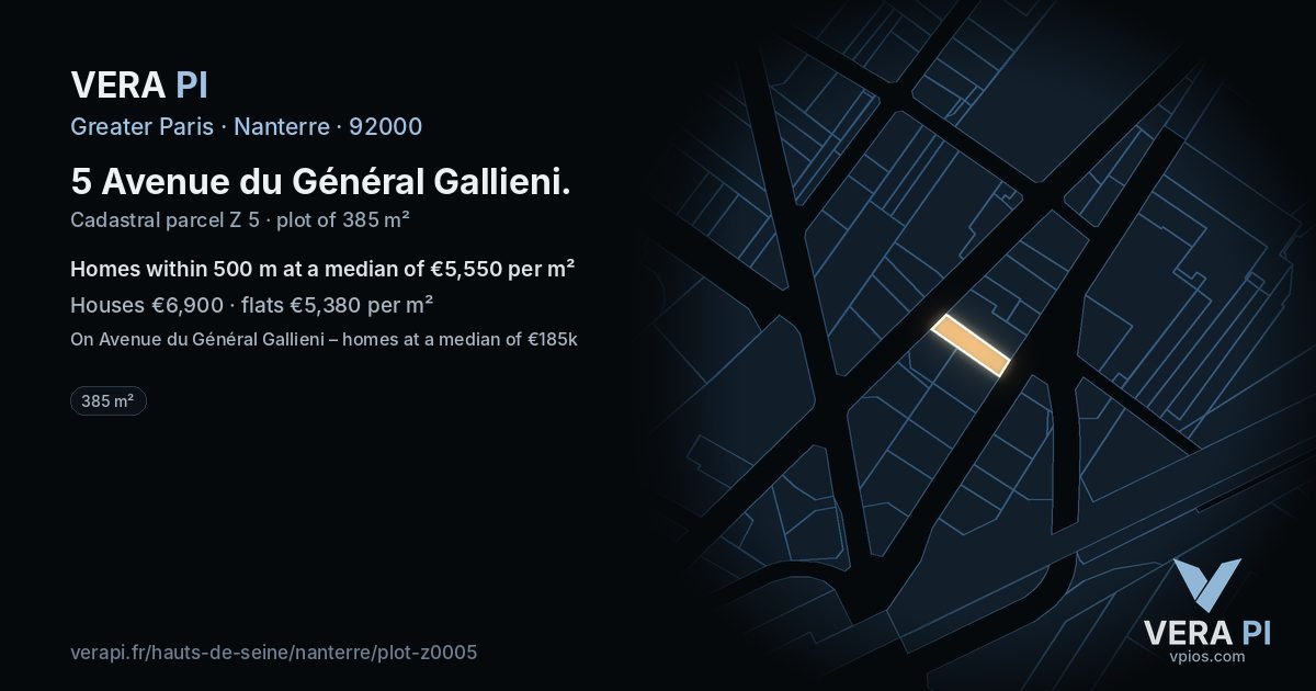 5 Avenue du Général Gallieni, Nanterre at night – the plot lit, the parcels around coloured by the prices near them