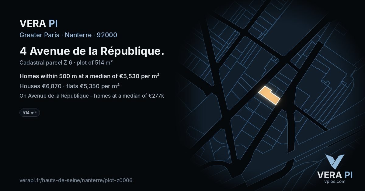 4 Avenue de la République, Nanterre at night – the plot lit, the parcels around coloured by the prices near them