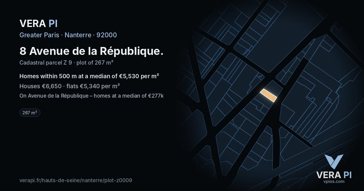 8 Avenue de la République, Nanterre at night – the plot lit, the parcels around coloured by the prices near them
