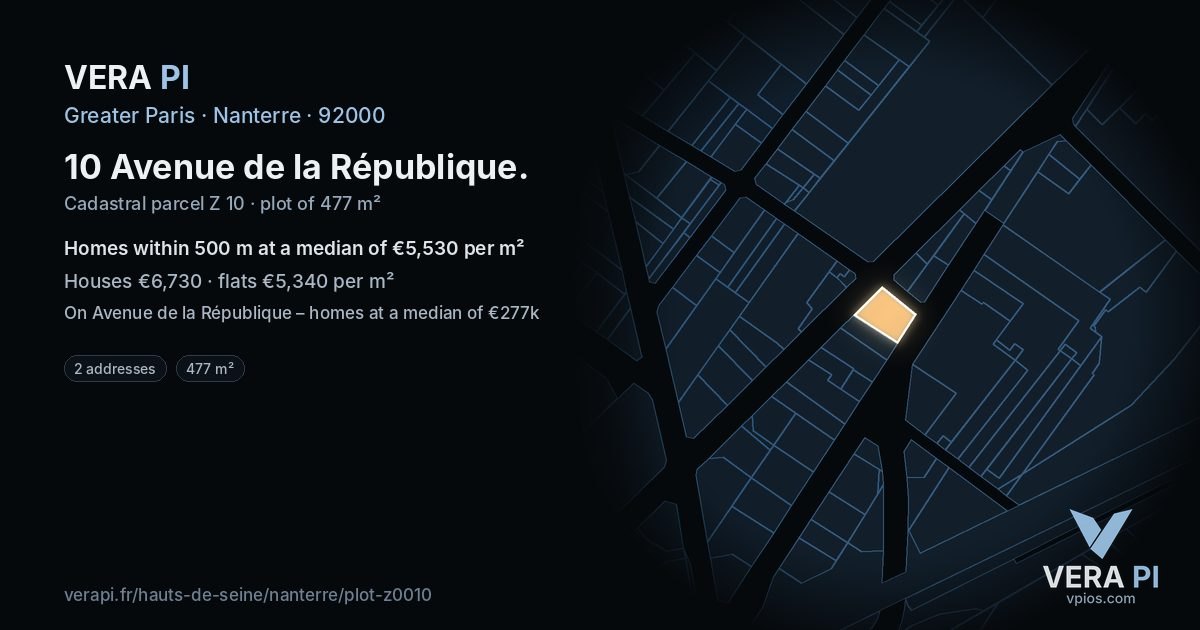 10 Avenue de la République, Nanterre at night – the plot lit, the parcels around coloured by the prices near them