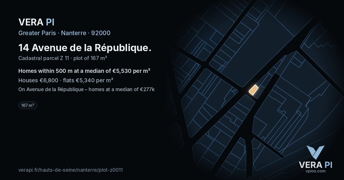 14 Avenue de la République, Nanterre at night – the plot lit, the parcels around coloured by the prices near them