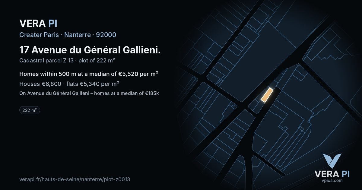 17 Avenue du Général Gallieni, Nanterre at night – the plot lit, the parcels around coloured by the prices near them