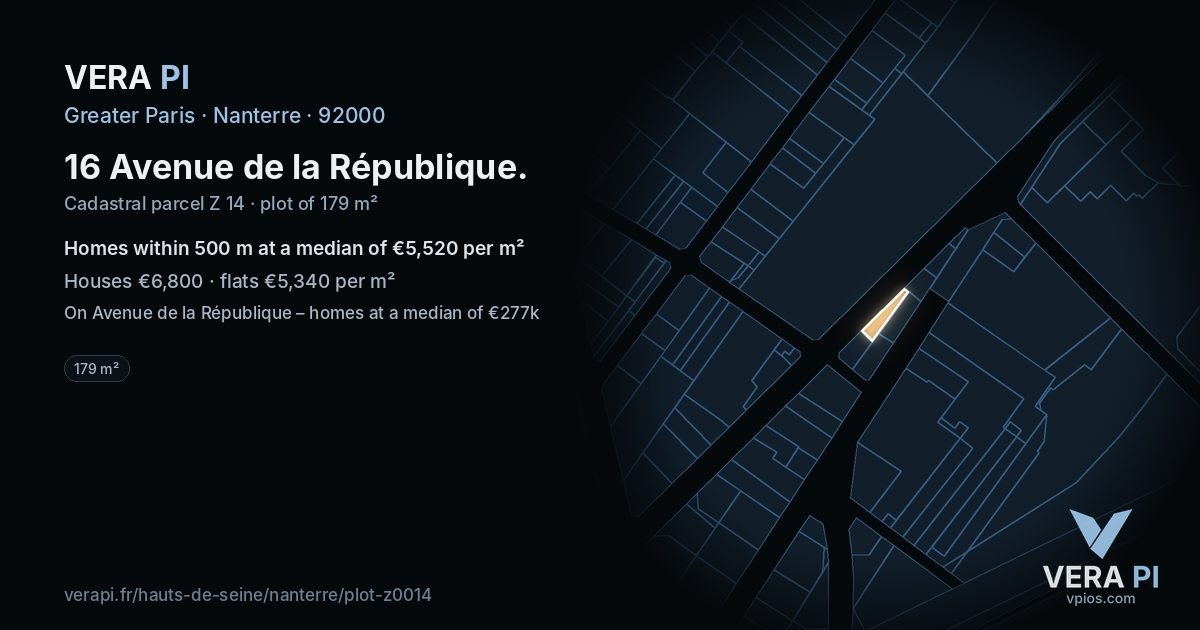 16 Avenue de la République, Nanterre at night – the plot lit, the parcels around coloured by the prices near them