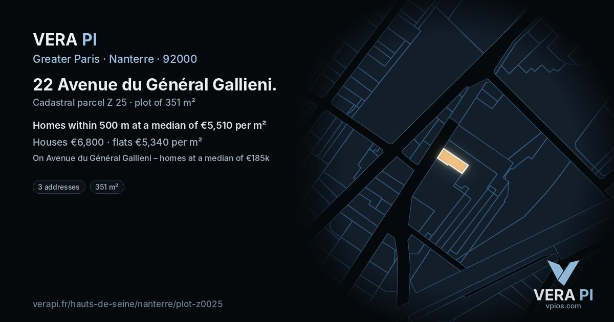 22 Avenue du Général Gallieni, Nanterre at night – the plot lit, the parcels around coloured by the prices near them