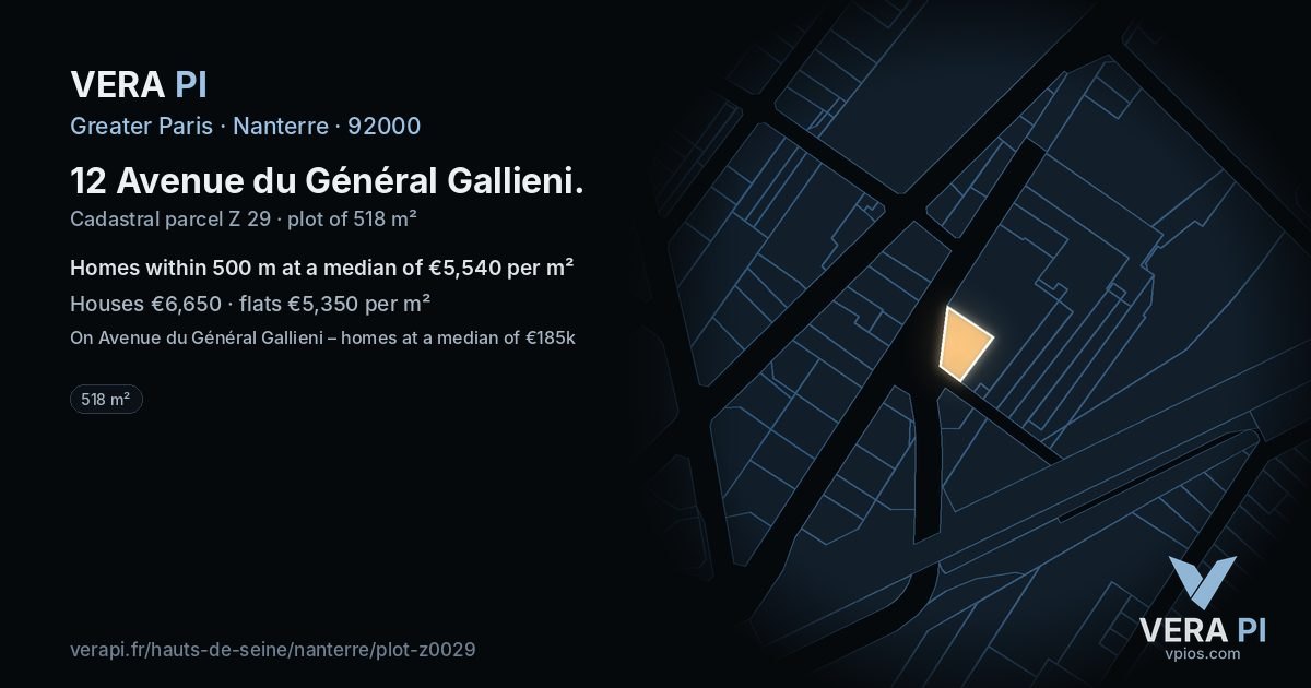12 Avenue du Général Gallieni, Nanterre at night – the plot lit, the parcels around coloured by the prices near them