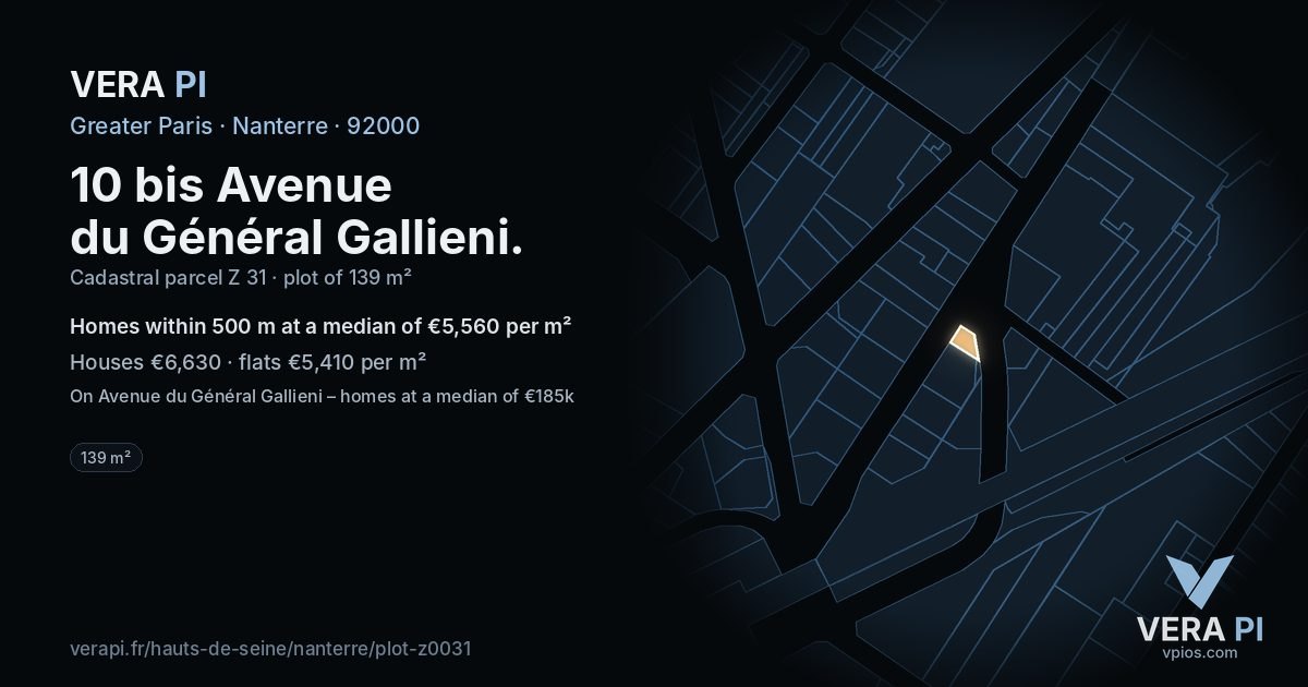 10 bis Avenue du Général Gallieni, Nanterre at night – the plot lit, the parcels around coloured by the prices near them