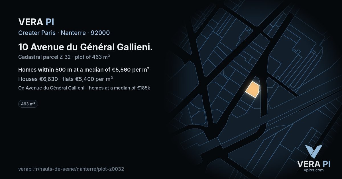 10 Avenue du Général Gallieni, Nanterre at night – the plot lit, the parcels around coloured by the prices near them