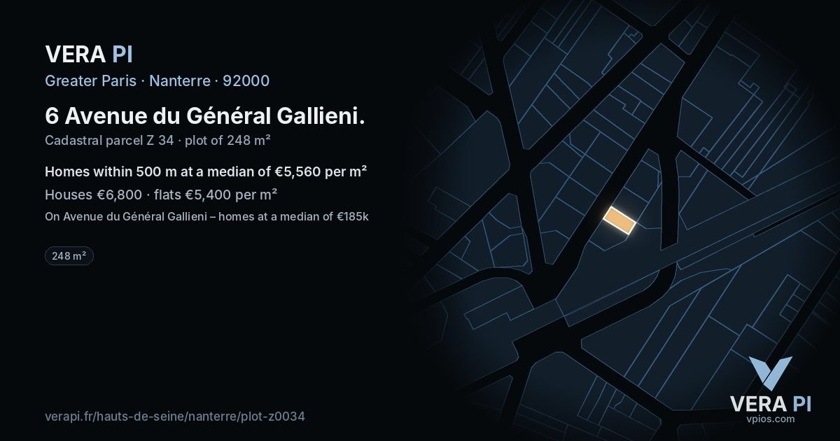 6 Avenue du Général Gallieni, Nanterre at night – the plot lit, the parcels around coloured by the prices near them