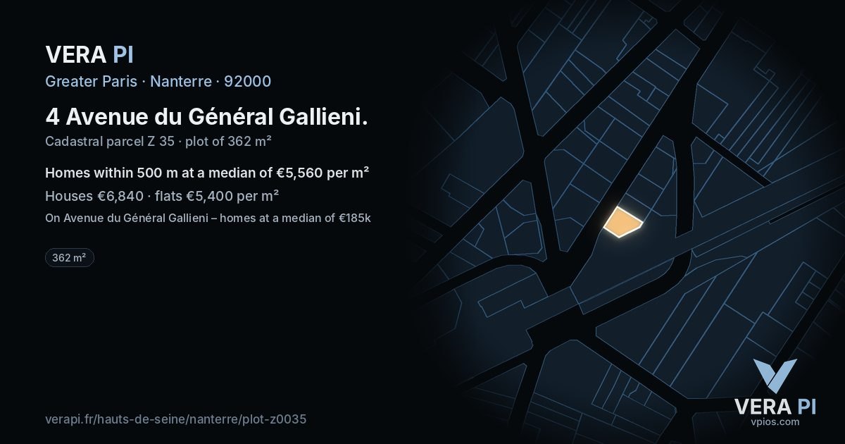 4 Avenue du Général Gallieni, Nanterre at night – the plot lit, the parcels around coloured by the prices near them