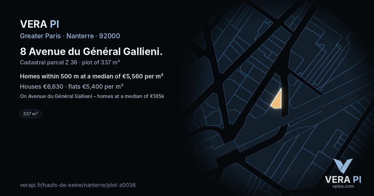 8 Avenue du Général Gallieni, Nanterre at night – the plot lit, the parcels around coloured by the prices near them