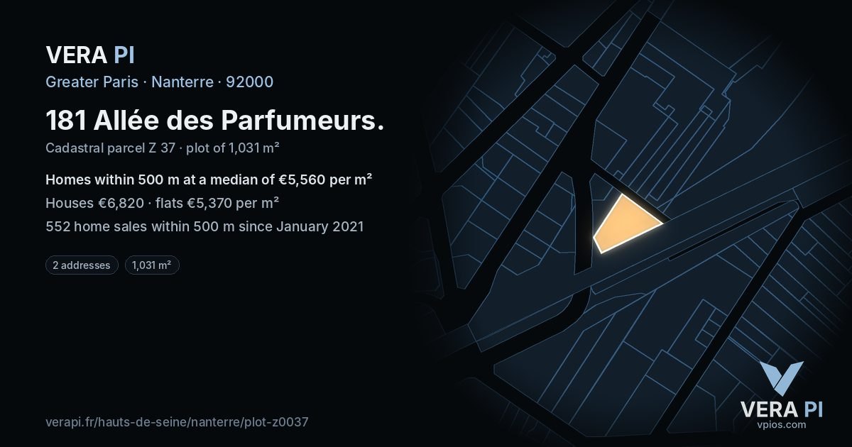 181 Allée des Parfumeurs, Nanterre at night – the plot lit, the parcels around coloured by the prices near them