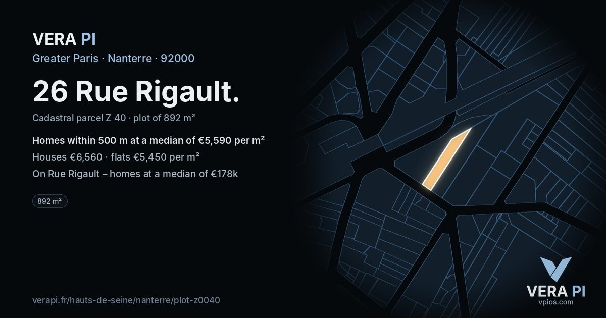 26 Rue Rigault, Nanterre at night – the plot lit, the parcels around coloured by the prices near them